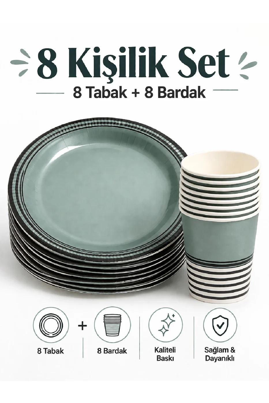 Retro Elegant Yeşil Parti Seti – 8 Tabak 8 Bardak