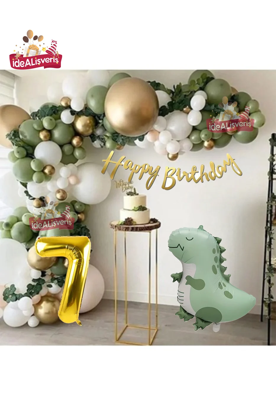Retro Yeşil Dinazor Folyolu Küf Yeşili Gold Beyaz Balon Zinciri Seti Doğum Günü Parti Seti Süsü gorsel 7
