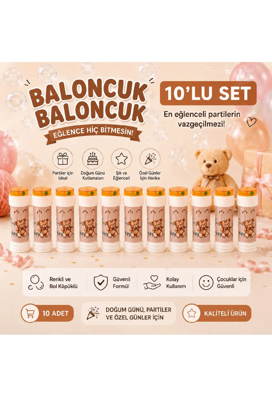 Ayıcıklı Doğum Günü Baloncuk Seti 10'lu Köpük Baloncuk Tüpü Parti Hediyeliği Bubble Oyuncağı gorsel 7