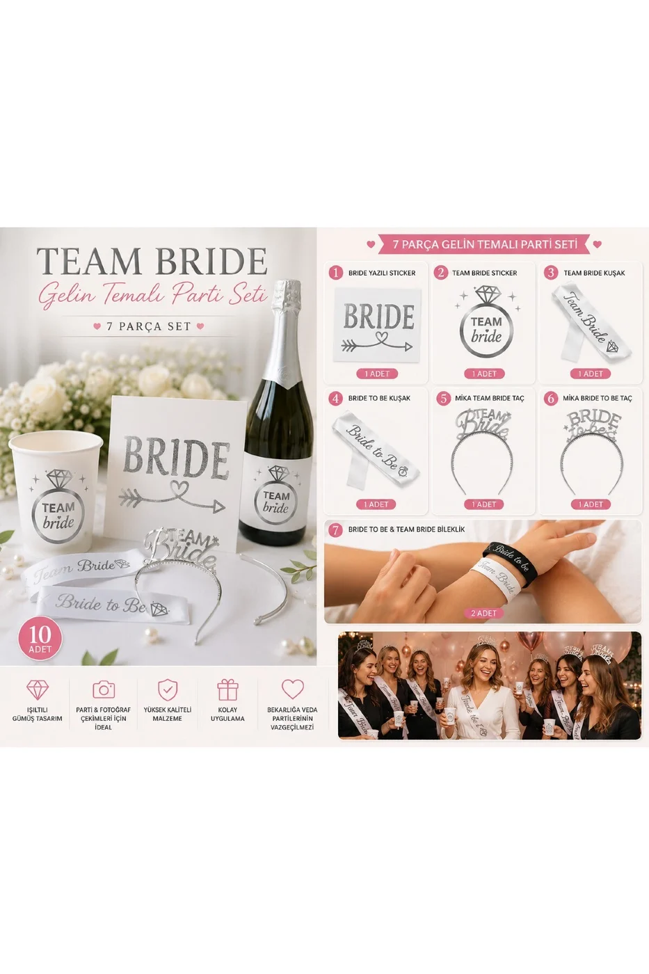 Bride Team Bride 7 Parça Bekarlığa Veda Parti Seti | Bride To Be Taç ve Kuşak, Team Bride Taç, Kuşak, Bileklik ve Dövme Organizasyon Seti gorsel 3