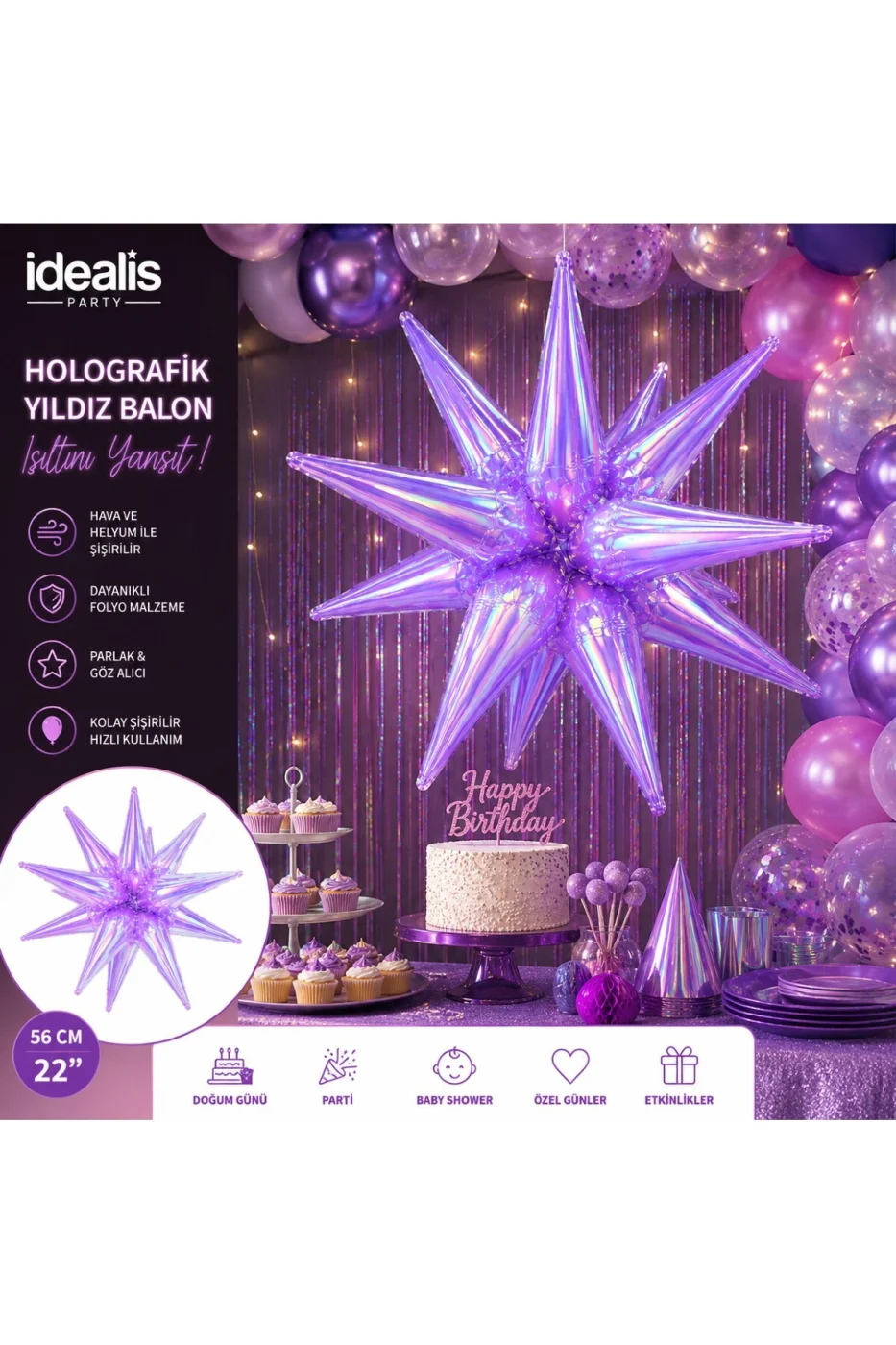 22 İnç Holografik 3D Kutup Yıldız Folyo Balon Neon (Renk) Parti Süsü Helyum Uyumlu 56 cm gorsel 3