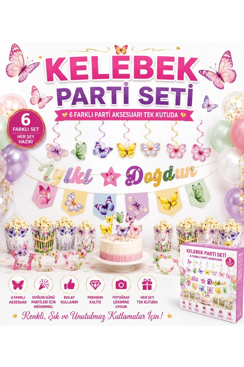 Kelebek Parti Seti 6 Parça | Doğum Günü Süsleri | İyi Ki Doğdun Banner | 3D Gözlük | Pasta Süsü | Mısır Kutusu gorsel 6