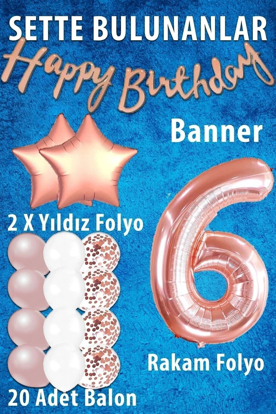 Rose Gold Konsept Yaş Doğum Günü Kutlama Seti; Beyaz Gold Konfetili Balon, Rakam Yıldız gorsel 2