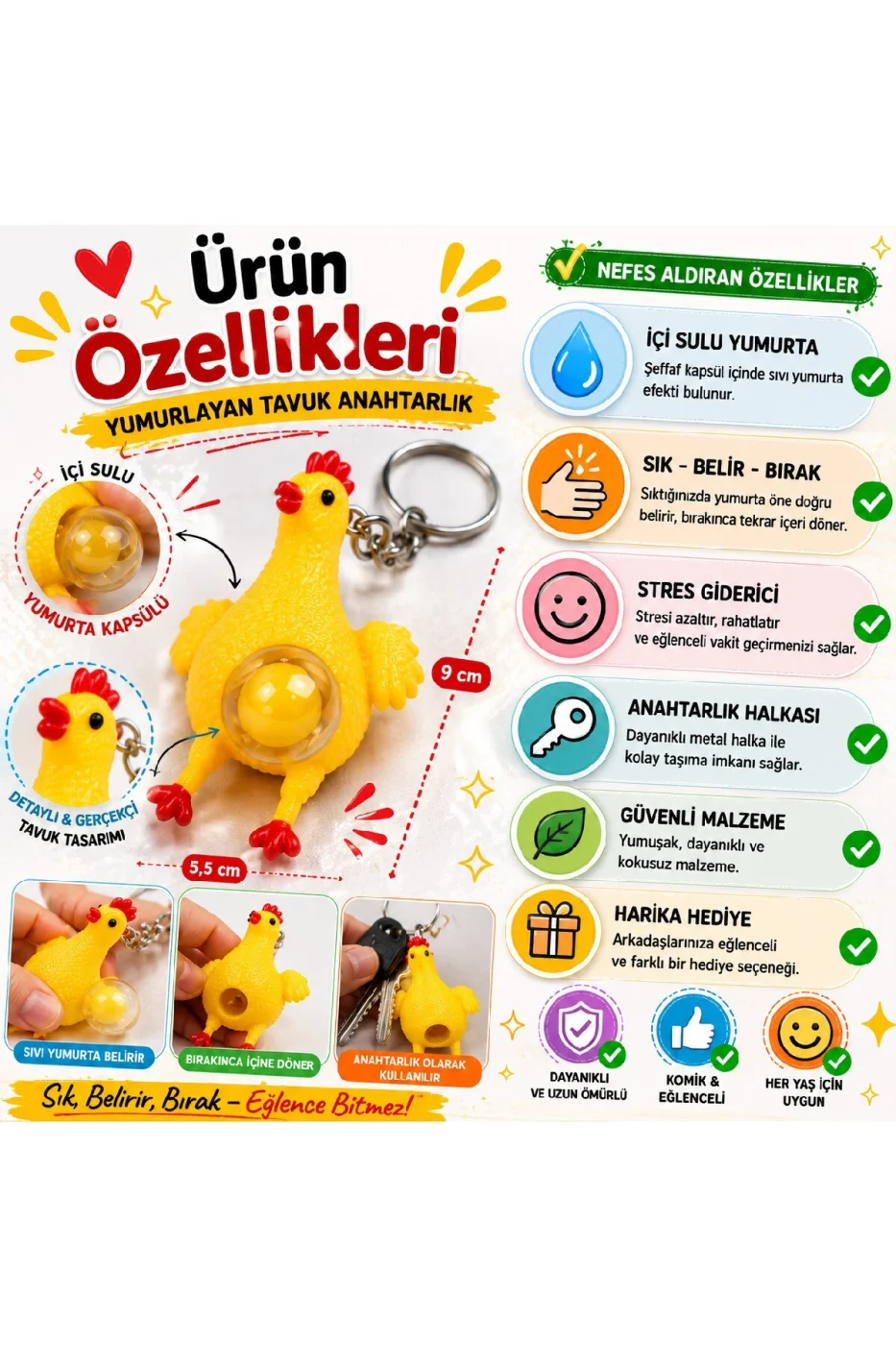 Yumurtlayan Tavuk Anahtarlık Sıkmalı Stres Oyuncağı Squishy Komik Hediyelik Oyuncak gorsel 3