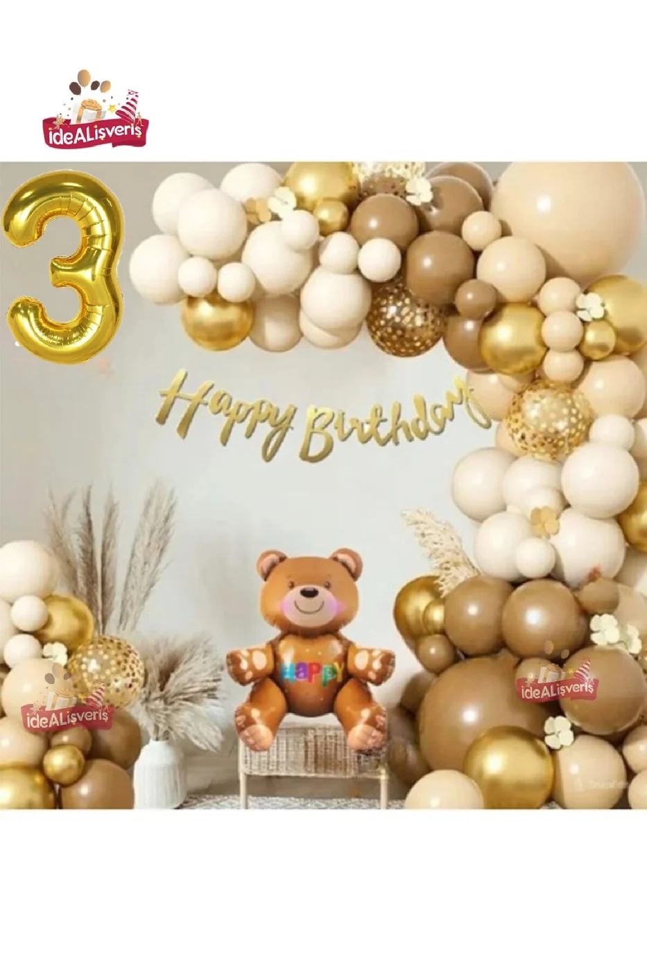GOLD  RETRO RENK OTURAN AYI FOLYO BALONLU BALON ZİNCİR SET DOĞUM GÜNÜ PARTİ SETİ SÜSÜ gorsel 2