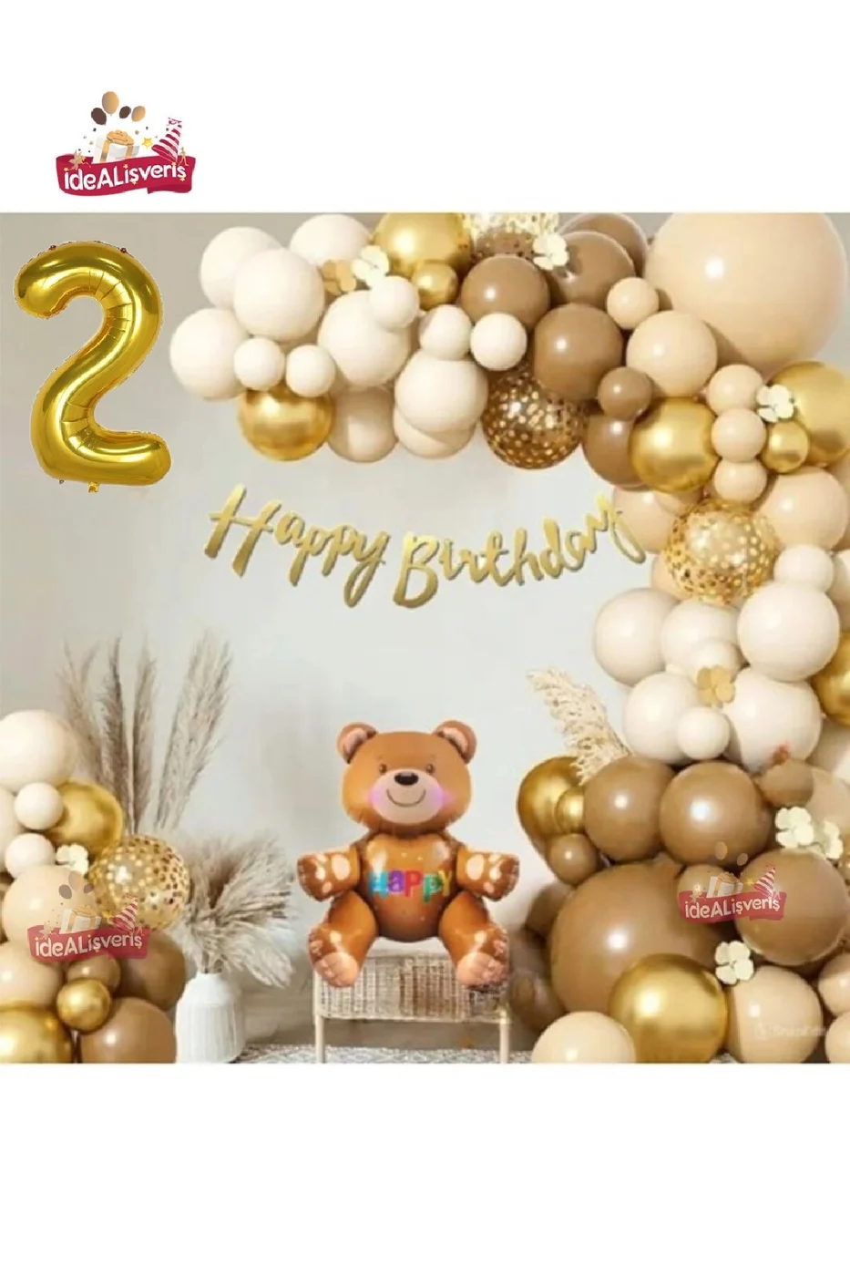GOLD  RETRO RENK OTURAN AYI FOLYO BALONLU BALON ZİNCİR SET DOĞUM GÜNÜ PARTİ SETİ SÜSÜ