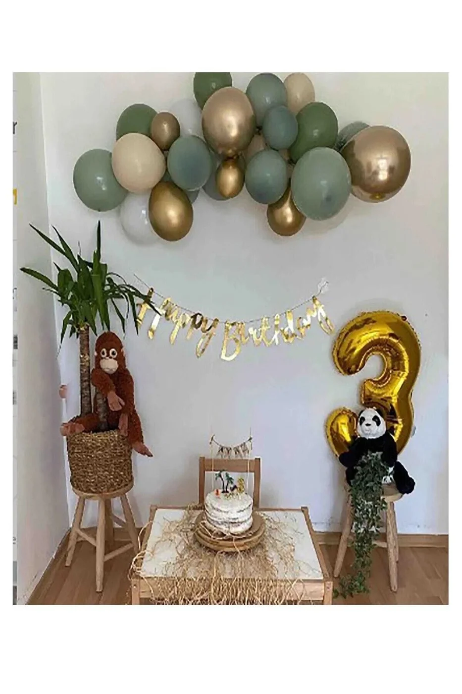 7 Küf Yeşili 3 Krom Gold 3 Kum Rengi Pastel Balon Gold Happy Birthday Banner Mini Zincir Balon Seti gorsel 2