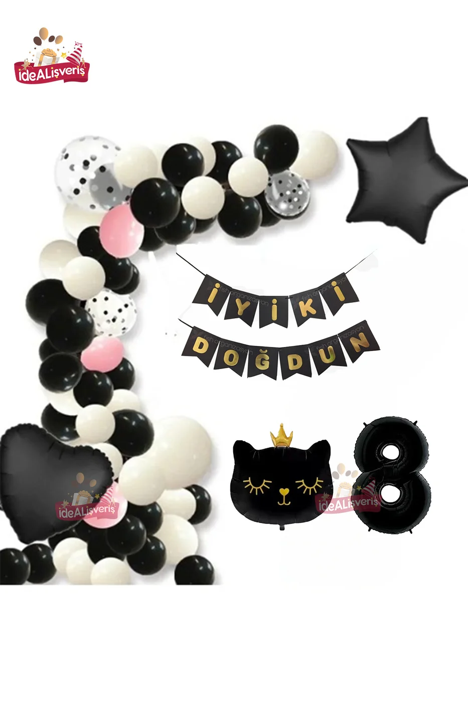 Bannerli 8 Yaş Siyah Kedi Folyolu Kalp Yıldız Siyah Beyaz Konsept Doğum Günü Seti
