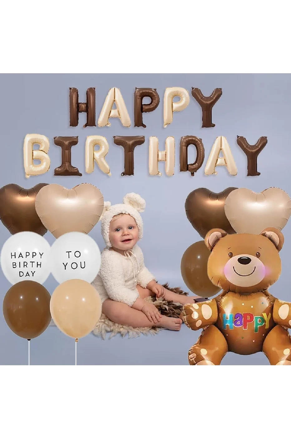 2Yaş Retro Ayıcık Kahverengi Folyolu Balon Happy Birthday Afiş Dekorasyon Doğum Günü Parti Seti Süsü gorsel 3