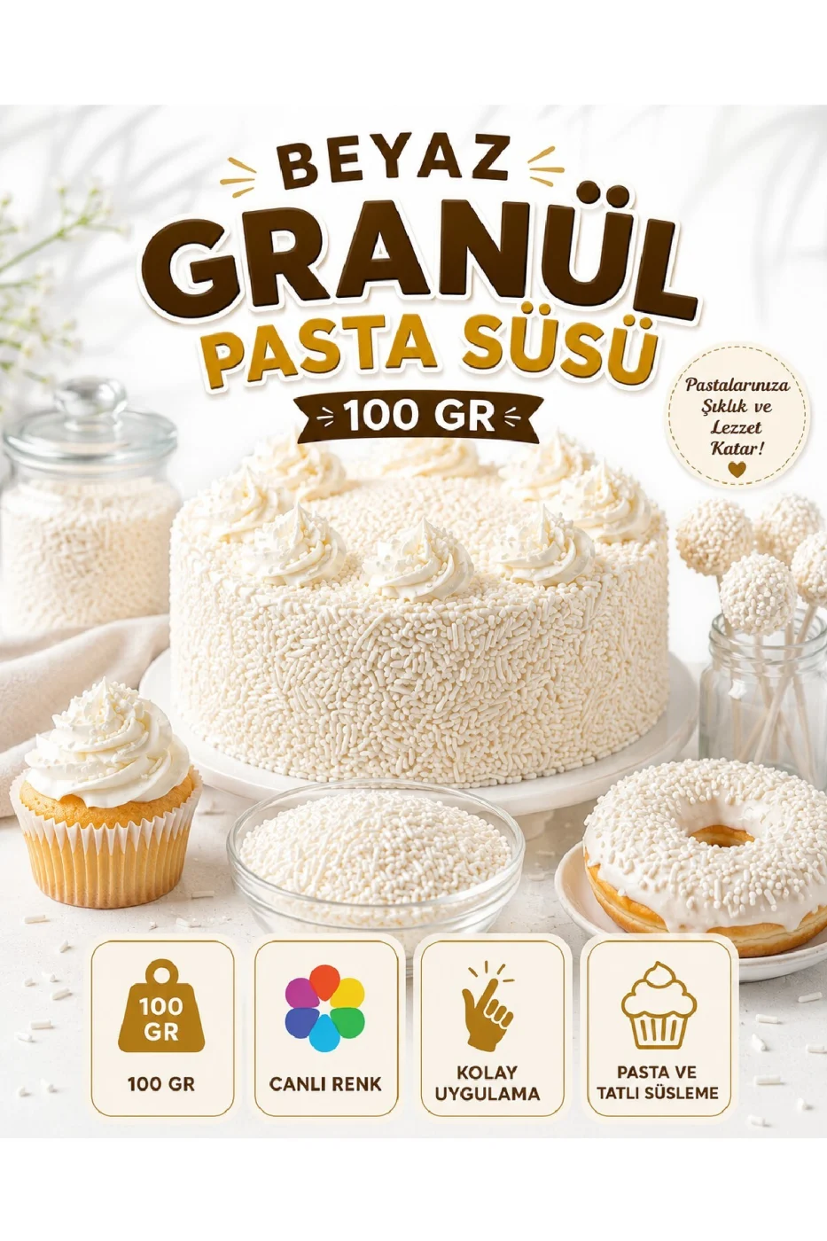 🌟 Beyaz Granül Pasta Süsü 200 Gr | Pasta, Cupcake, Donut, Kurabiye ve Tatlı Süsleme Şekeri gorsel 2