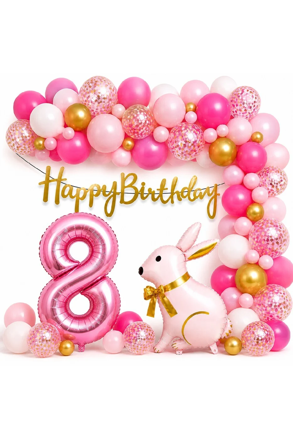 Pembe Tavşan Doğum Günü Seti 1-9 Yaş – Gold Balon Zinciri Happy Birthday Banner Parti Konsepti