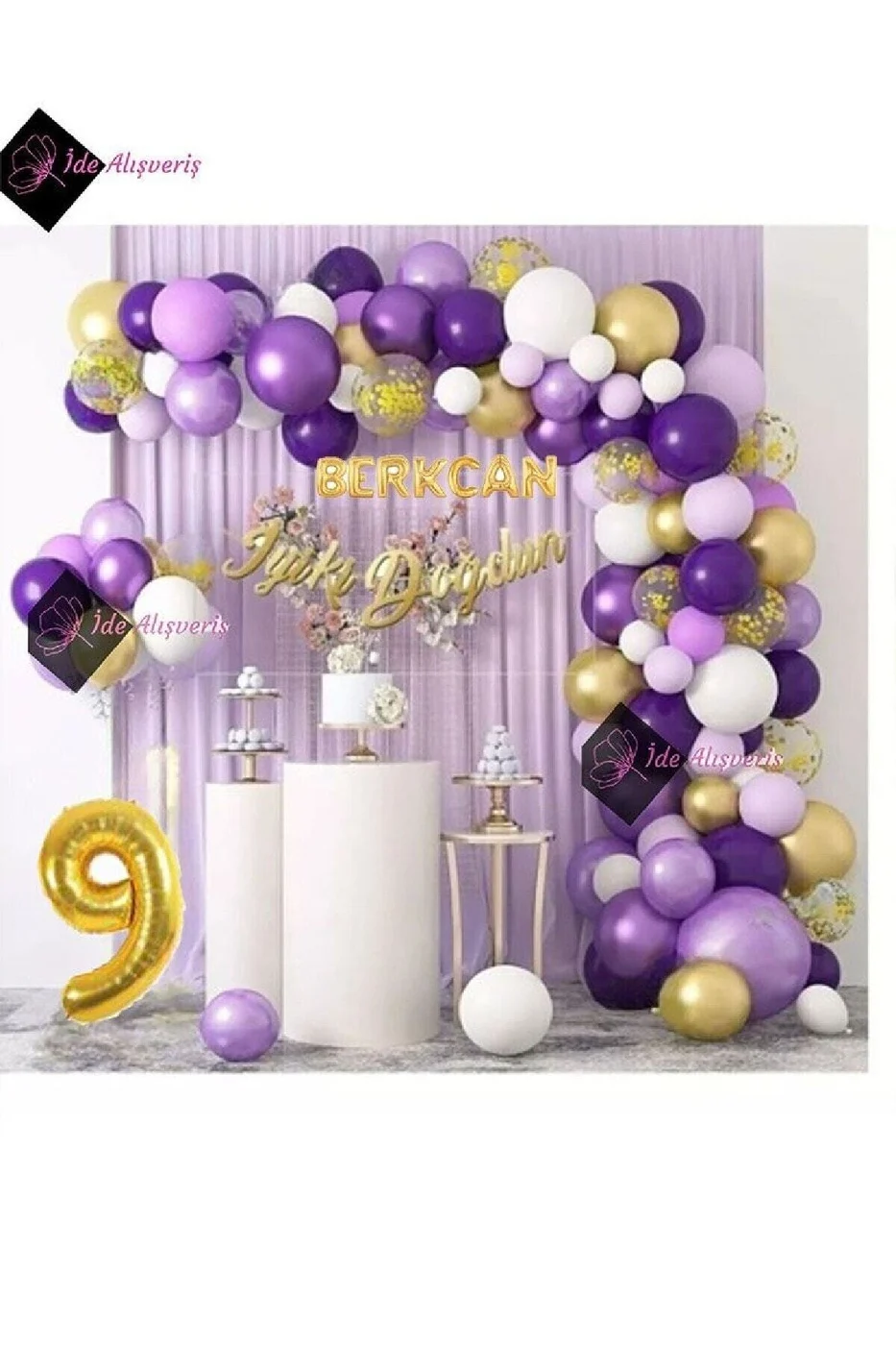 7 Harf İsimli 9 Yaş Macaron Mor Balon Zinciri Seti Gölge Mor Altın Balon Dekorasyon