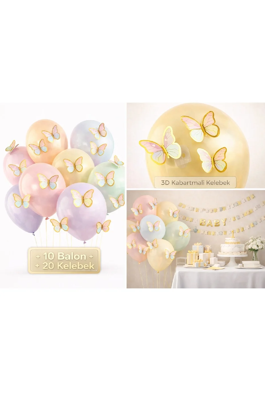 Soft 3D Kelebekli Balon Seti – 10 Balon + 20 Kelebek Doğum Günü Parti Seti Süsü gorsel 2