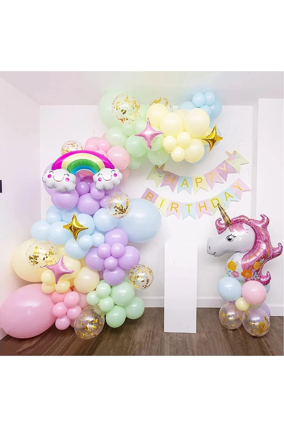 En Dolu Unicorn Temalı Gökkuşağı Konsepti Makaron Balon Doğum Günü Parti Kutlama Seti Doğum Günü Süs gorsel 2