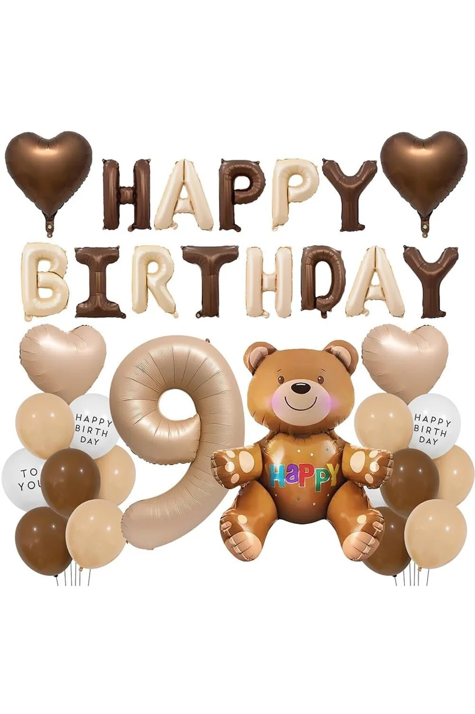 9Yaş Retro Ayıcık Kahverengi Folyolu Balon Happy Birthday Afiş Dekorasyon Doğum Günü Parti Seti Süsü gorsel 2