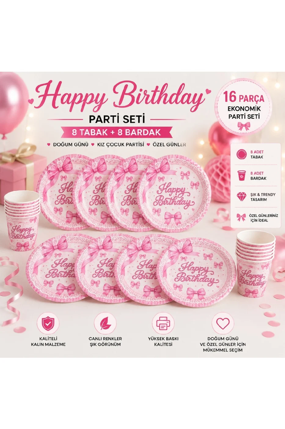 Happy Birthday Pembe Kurdale Parti Seti 16 Parça | 8 Tabak 8 Bardak | Kız Çocuk Doğum Günü Kutlama Konsepti gorsel 3