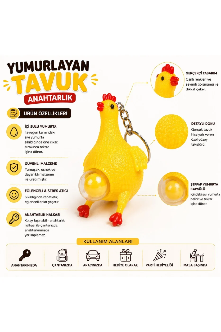 Yumurtlayan Tavuk Anahtarlık Sıkmalı Stres Oyuncağı Squishy Komik Hediyelik Oyuncak gorsel 5