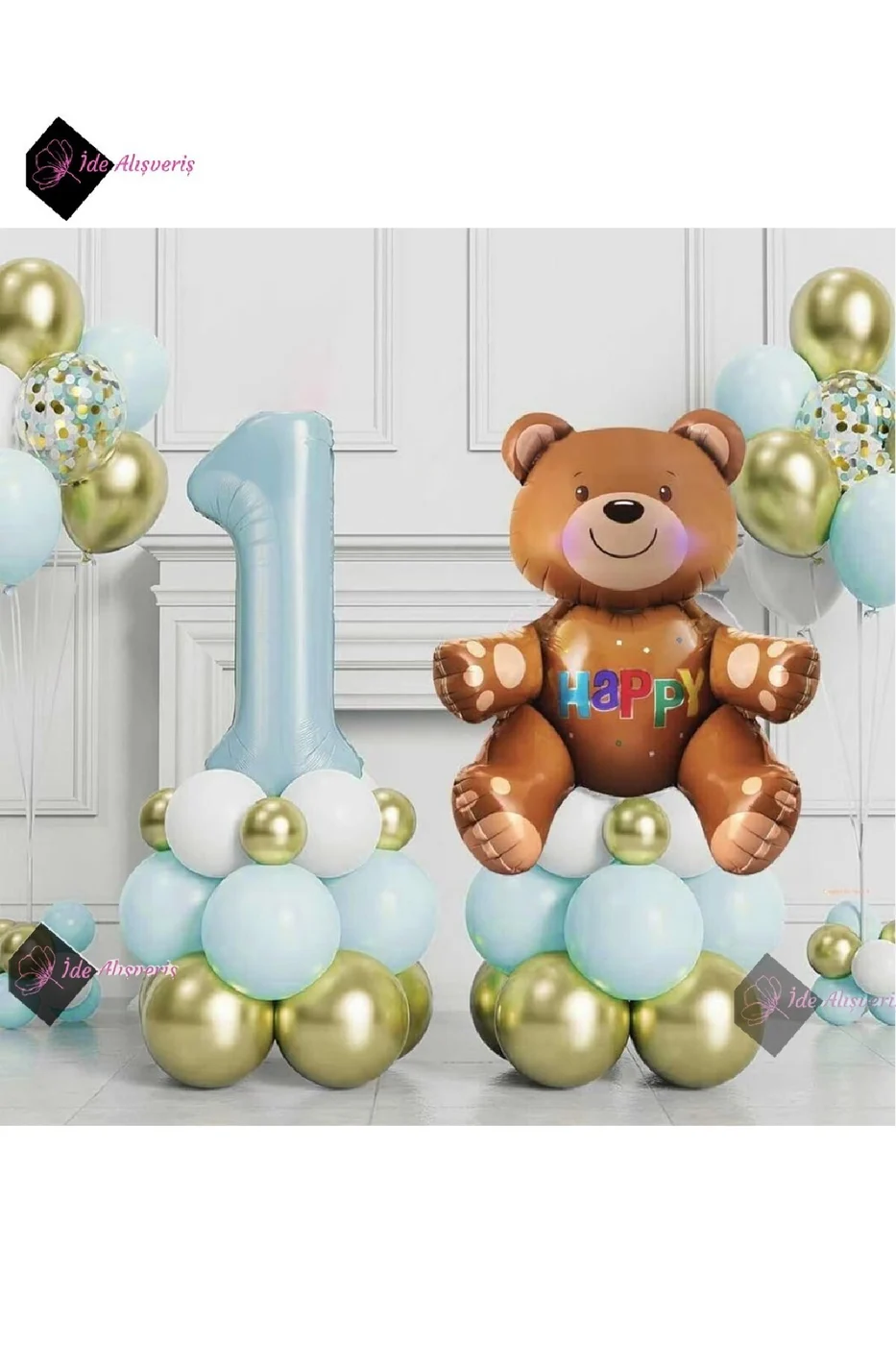 Ayıcıklı Mavi 1 Yaş Krom Balonlu Balon Seti Mavi Doğum Günü Süsü Parti Seti