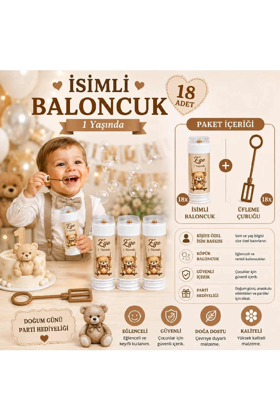 Kişiye Özel İsimli Baloncuk 18 Adet – Ayıcık Temalı Doğum Günü Parti Hediyeliği Köpük Baloncuk Seti
