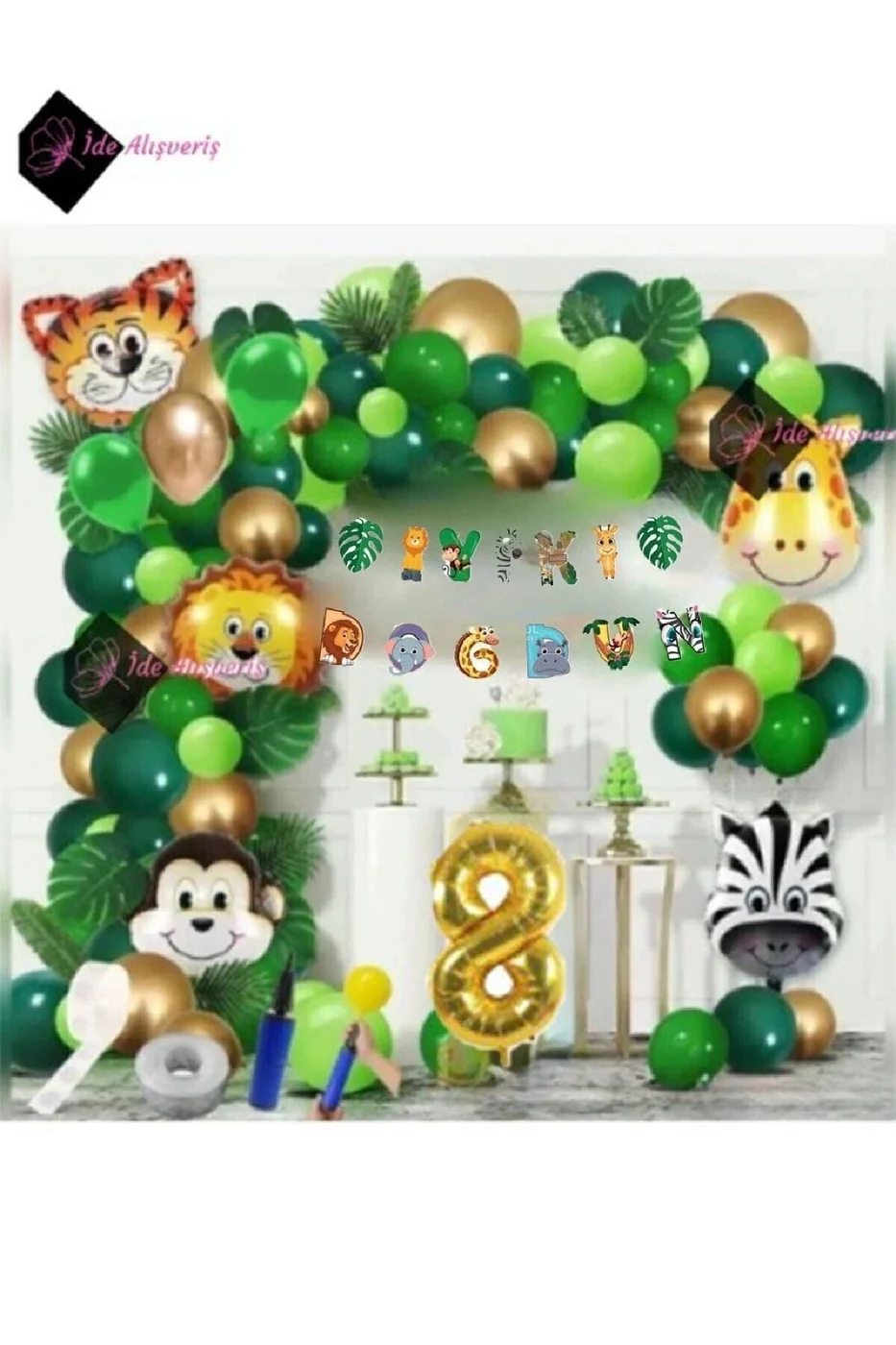 8 Yaş İYİ Kİ DOĞDUN Uzar Yazı Safari Temalı Folyo Lüks Zincir Balon Seti