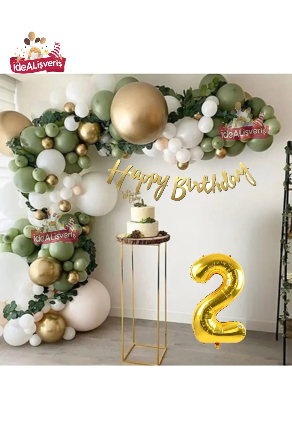 2 Yaş Happy Kaligrafi Yazılı Küf Yeşili Gold Beyaz Balon Zinciri Seti Doğum Günü Parti Seti Süsü gorsel 4