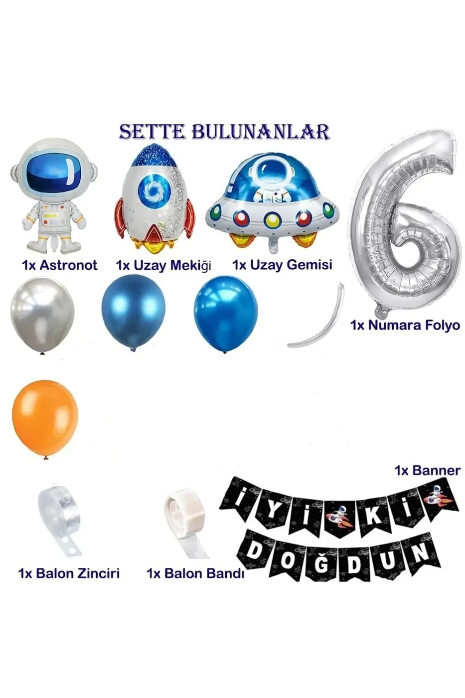 Uzay Temalı Doğum Günü Seti 6 Yaş; 4 Adet Folyo, 50 Lateks Balon, Banner, Balon Zinciri, Balon Bandı gorsel 2