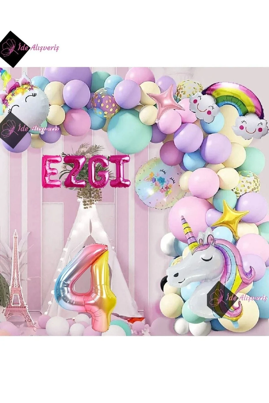 4 Yaş Ve 4 Harfli Gökkuşağı Konsepti Unicorn Temalı Makaron Balon Doğum Günü Parti Kutlama Seti gorsel 4