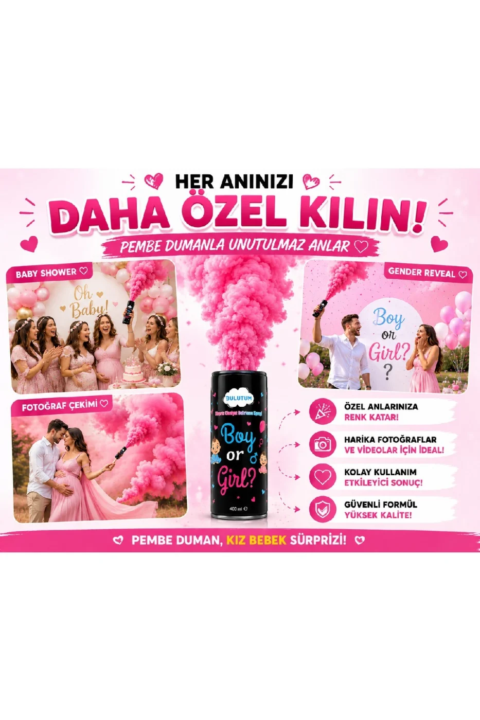 Cinsiyet Belirleme Duman Tüpü 400 ml Mavi & Pembe Gender Reveal Baby Shower Yoğun Duman Efekti gorsel 6