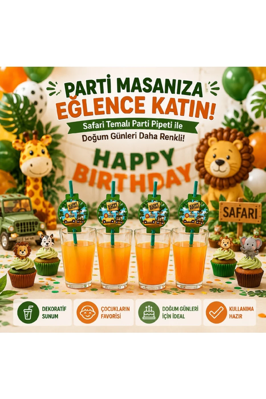 Safari Temalı Parti Pipeti 8 Adet | Doğum Günü Parti Süsleri | Çocuk Parti Malzemeleri | Dekoratif Pipet Seti