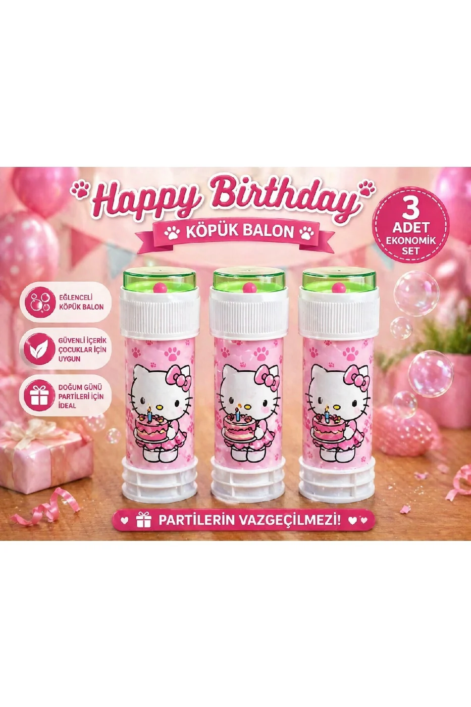 Happy Birthday Köpük Balon 10’lu Set Pembe Kedi Temalı Doğum Günü Parti Oyuncağı Çocuklar İçin Eğlenceli Köpük Baloncuk gorsel 3
