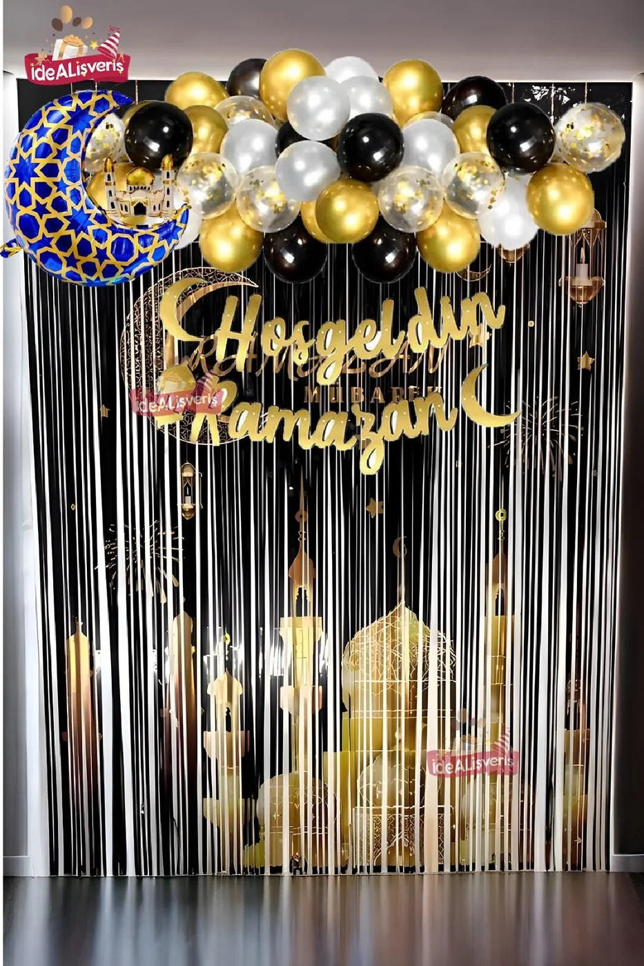 HOŞGELDİN RAMAZAN BASKILI ARKAFONU VE YAZILI MAVİ FOLYO BALONLU GOLD GÜMÜŞ BALON ZİNCİRLİ SET gorsel 4