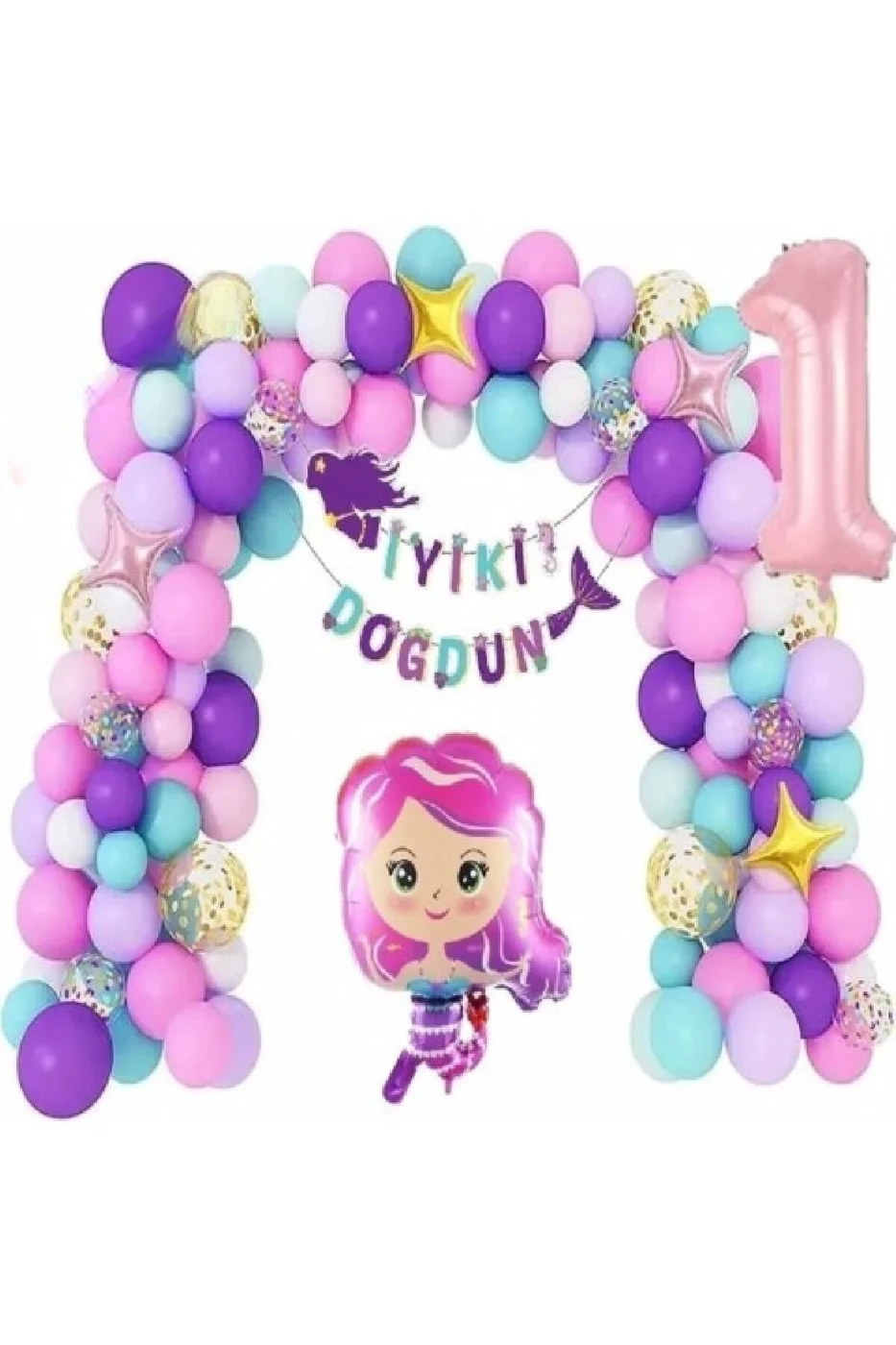 1 Yaş Pembe  Deniz Kızı Lüks  Balon Zincir Doğum Günü Parti Seti Süsü gorsel 2