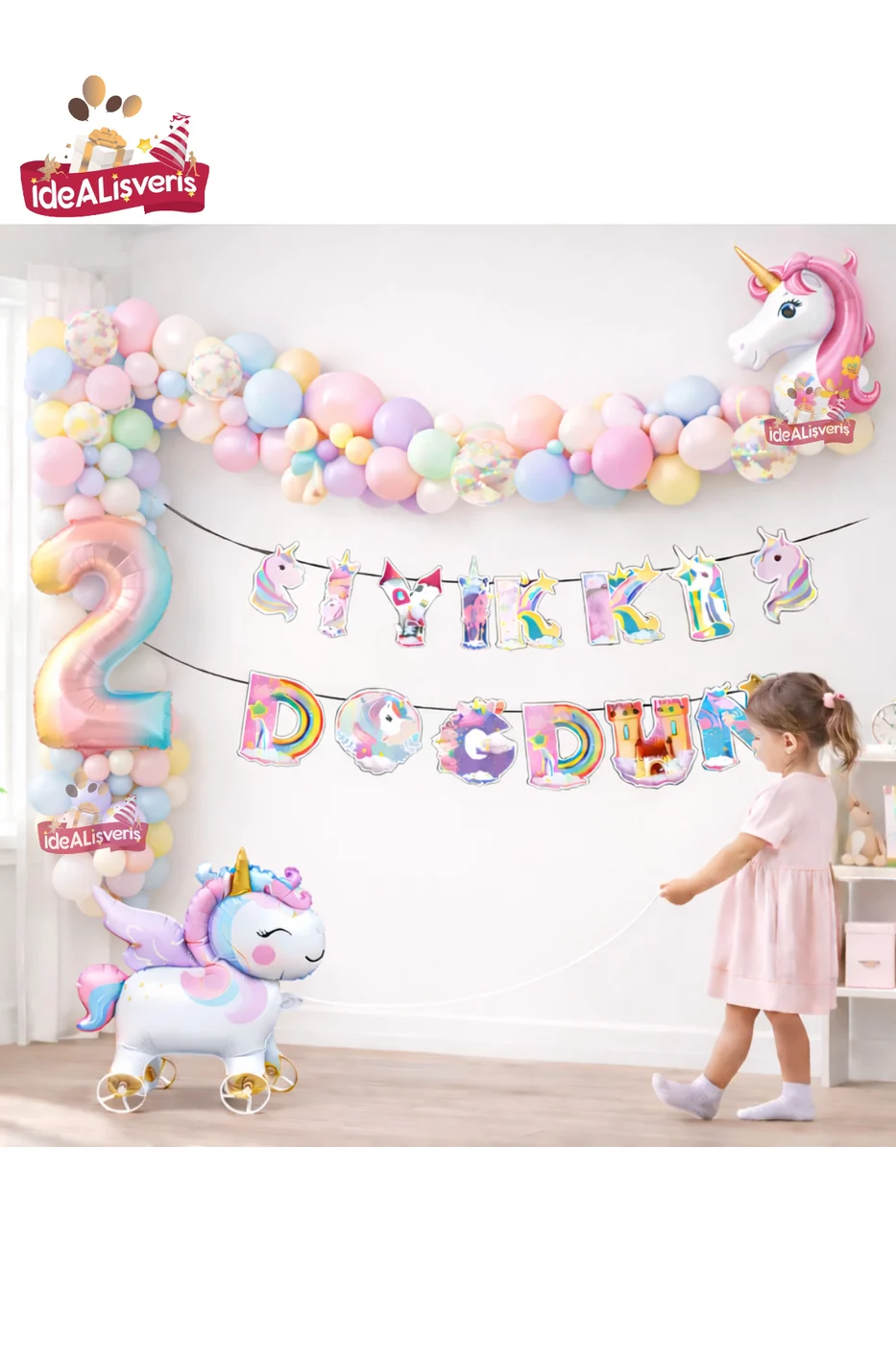 Tekerlekli Unicorn Doğum Günü Konsept Seti – Çekilebilir Folyo Yaş Balonlu Makaron Balon Zinciri