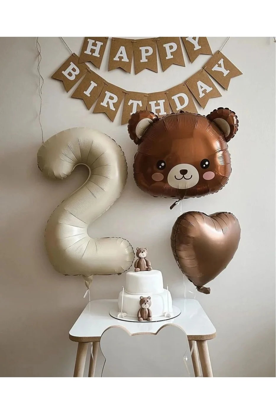 Retro Krem Yaş Folyolu Ayıcık Folyolu Kraft Happy Birthday Flama Konsept Doğum Günü Parti Seti Süsü gorsel 4