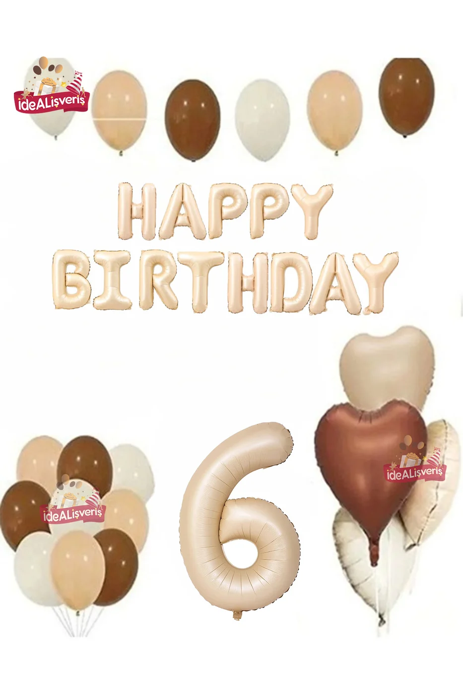 Happy Birthday 6 Yaş Bej Folyo Balon Kahverengi Beyaz Bej Doğum Günü Parti Seti