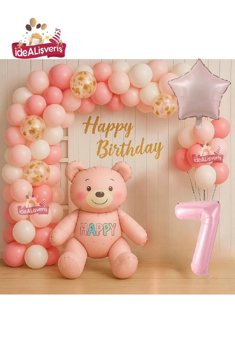KIZ ÇOCUKLAR İÇİN PEMBE YAŞ AYICIK FOLYO BALONLU DOĞUM GÜNÜ PARTİ SETİ SÜSÜ gorsel 6