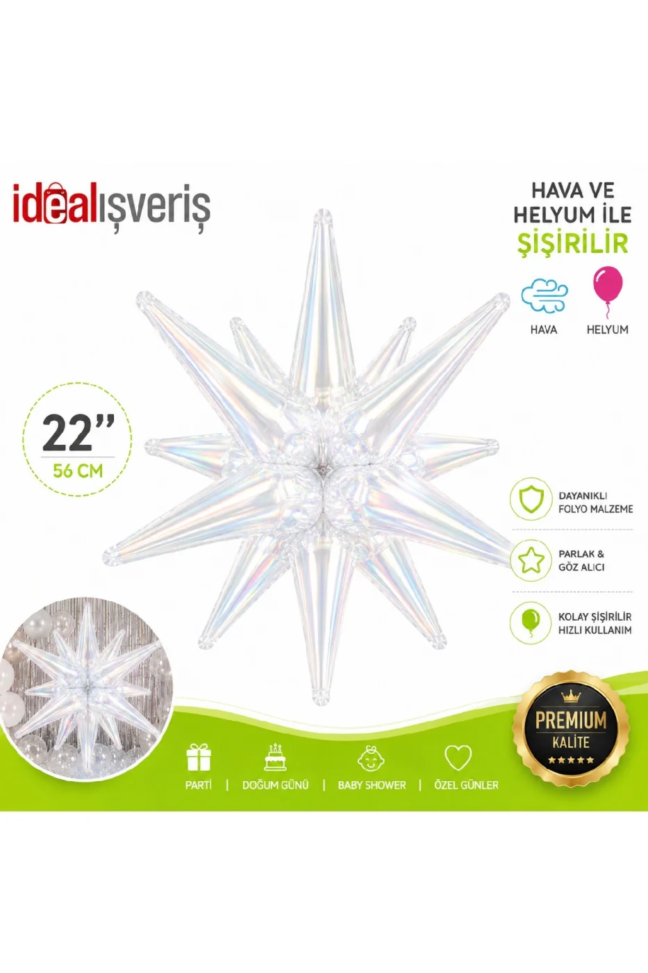 22 İnç Holografik 3D Kutup Yıldız Folyo Balon Neon (Renk) Parti Süsü Helyum Uyumlu 56 cm gorsel 3