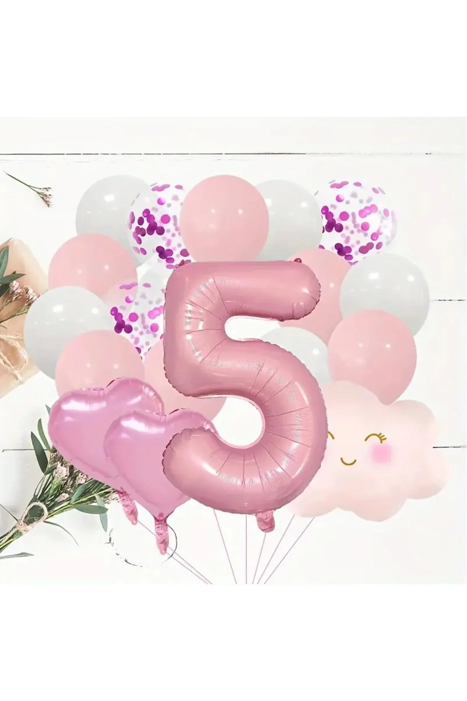 Pembe Rakam Yaş Folyo Balonlu Pembe Bulut Folyolu Doğum Günü Parti Seti Süsü