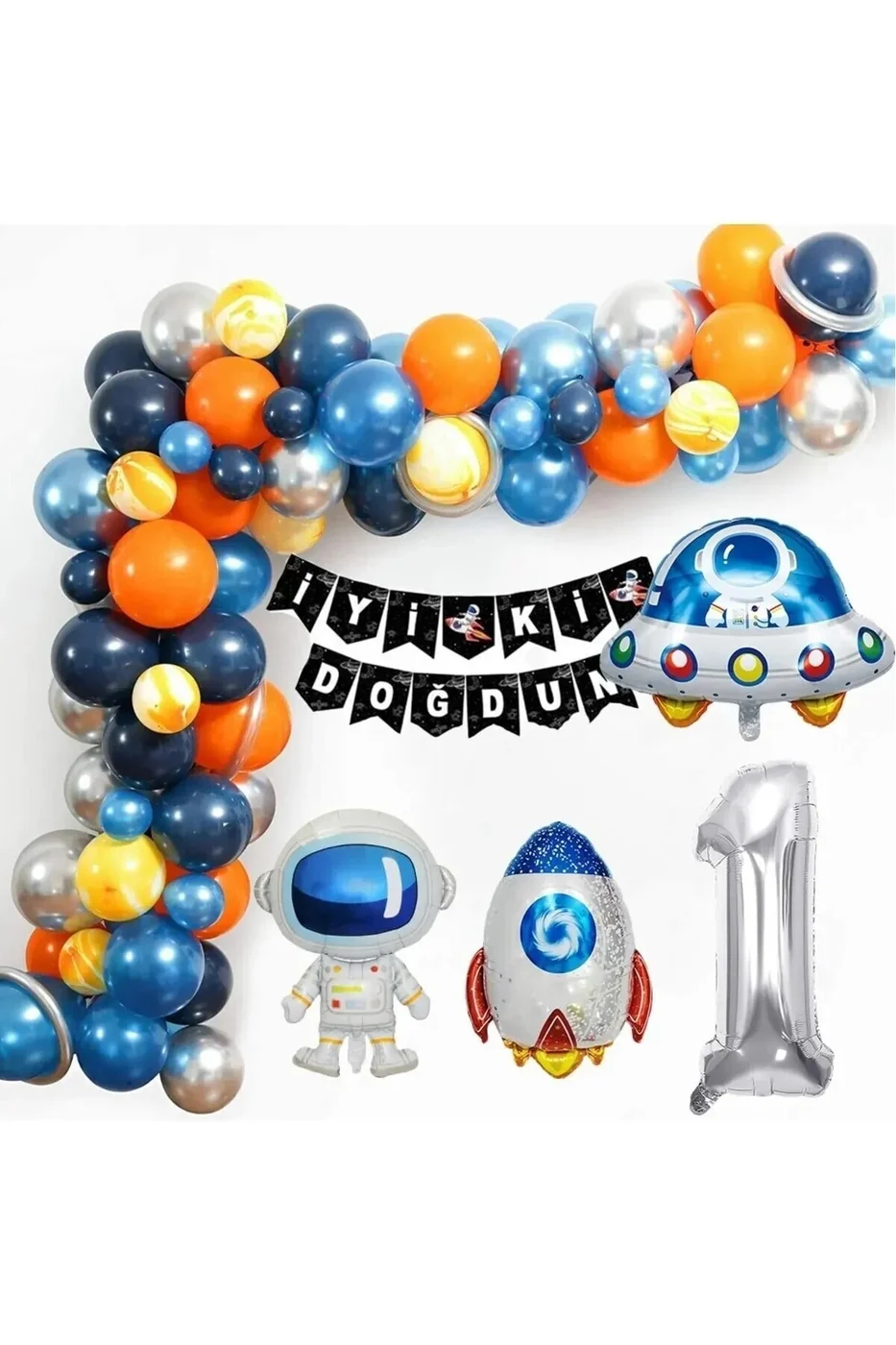 Uzay Temalı Doğum Günü Seti 1 Yaş; 4 Adet Folyo, 50 Lateks Balon, Banner, Balon Zinciri, Balon Bandı gorsel 3