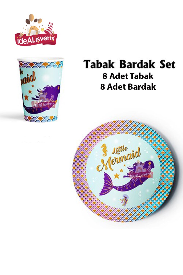 Deniz Kızı Desenli Doğum Günü Tabak Bardak