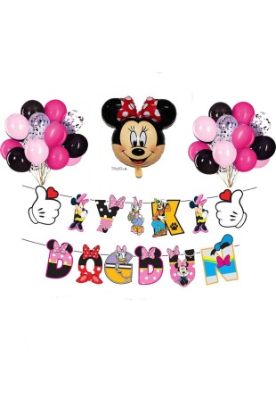 Bkmc Minnie Mouse Karakterli Uzar Yazılı Temalı Doğum Günü Süsün Balon Parti Seti