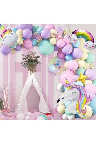 Bkmc Gökkuşağı Konsepti Unicorn Temalı Makaron Balon Doğum Günü Parti Kutlama Seti