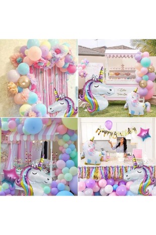 Bkmc Gökkuşağı Konsepti Unicorn Temalı Makaron Balon Doğum Günü Parti Kutlama Seti