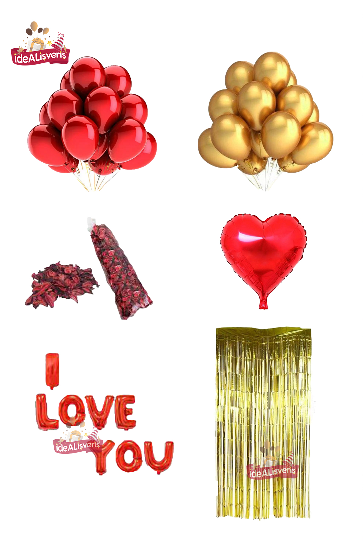 I Love You Folyo Balonlu  Gold Arka Fonlu Sevgililer Günü Parti Seti