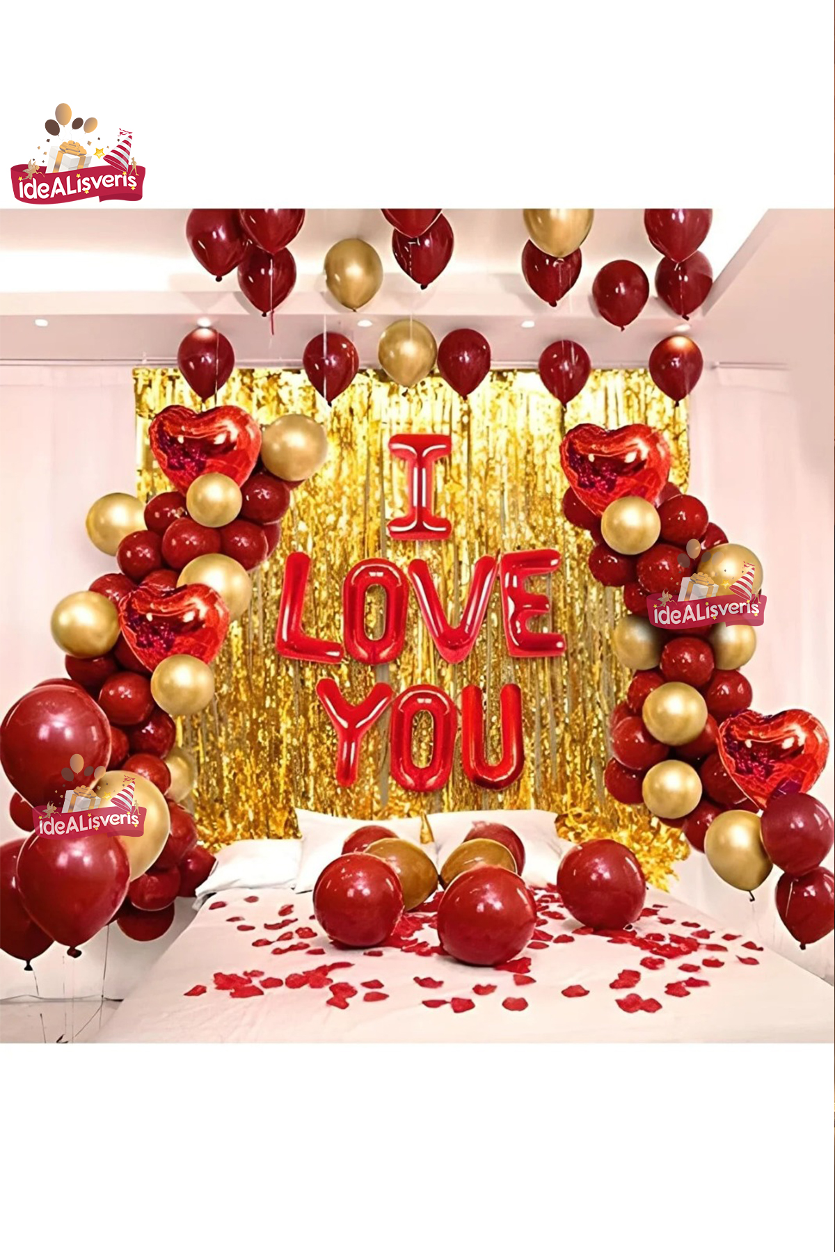 I Love You Folyo Balonlu  Gold Arka Fonlu Sevgililer Günü Parti Seti