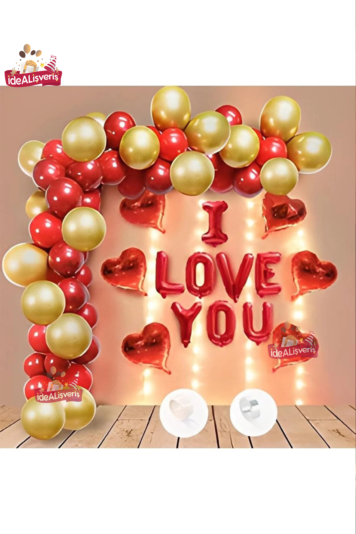 Sevgililer Günü Ledli I Love You Folyolu Kırmızı Gold Set