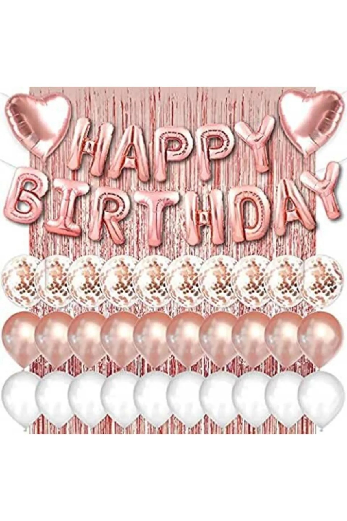 Bkmc Rose Gold Pembe Happy Birthday Ve Kalp Folyo Ve 30 Rose Beyaz Şeffaf Balonlu Arka Fon Perde Set