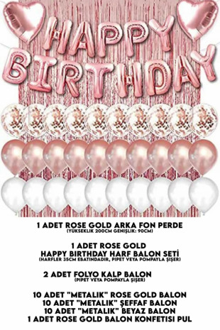 Bkmc Rose Gold Pembe Happy Birthday Ve Kalp Folyo Ve 30 Rose Beyaz Şeffaf Balonlu Arka Fon Perde Set