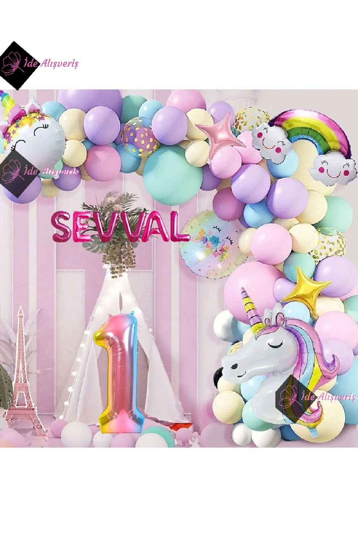 6 Harfli Yaş  Balonlu Gökkuşağı Konsepti Unicorn Temalı Makaron Balon Doğum Günü Parti Kutlama Seti