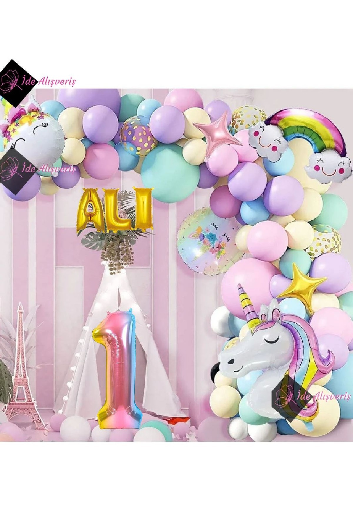 Bkmc Yaş Balonlu ve 3 Harfli Gökkuşağı Konsepti Unicorn Temalı Makaron Balon Doğum Günü Parti Kutlama Seti